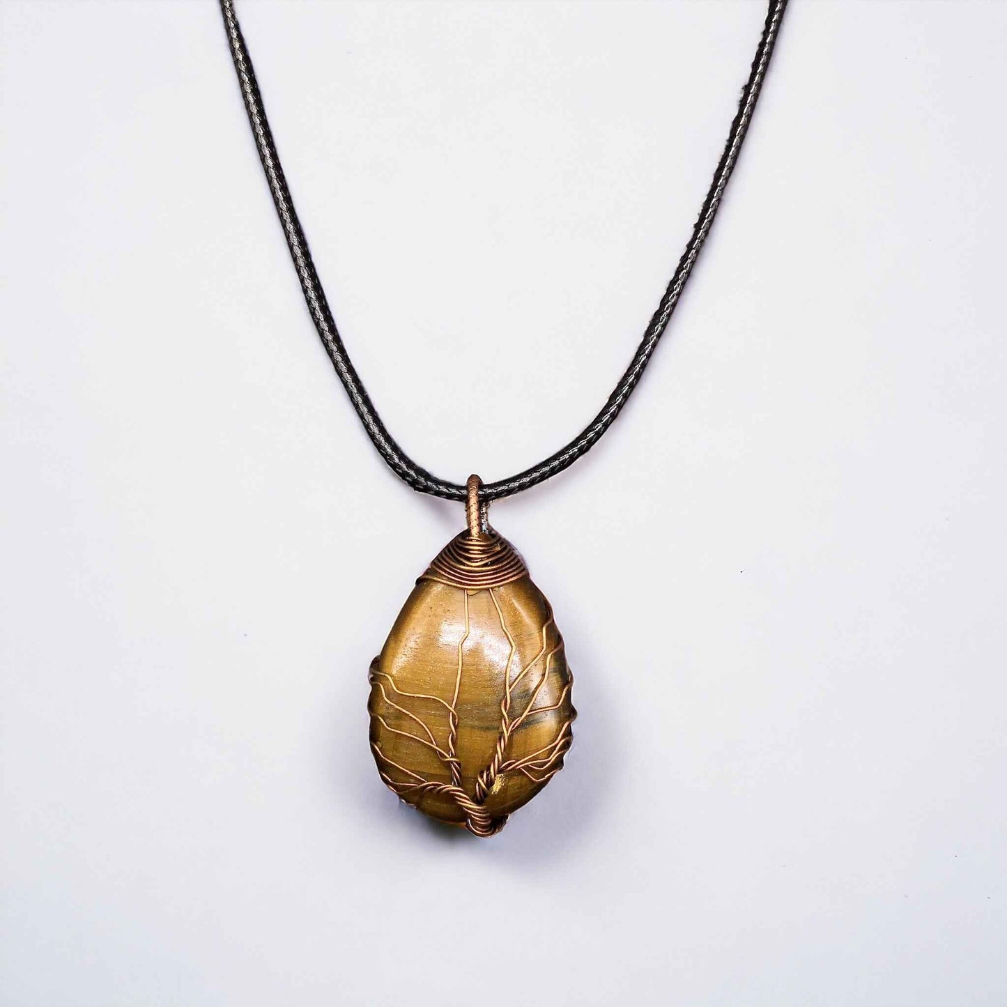 Yellow golden tiger eyes Gemstone Pendant Wrapped w/ bronze Tree of Life