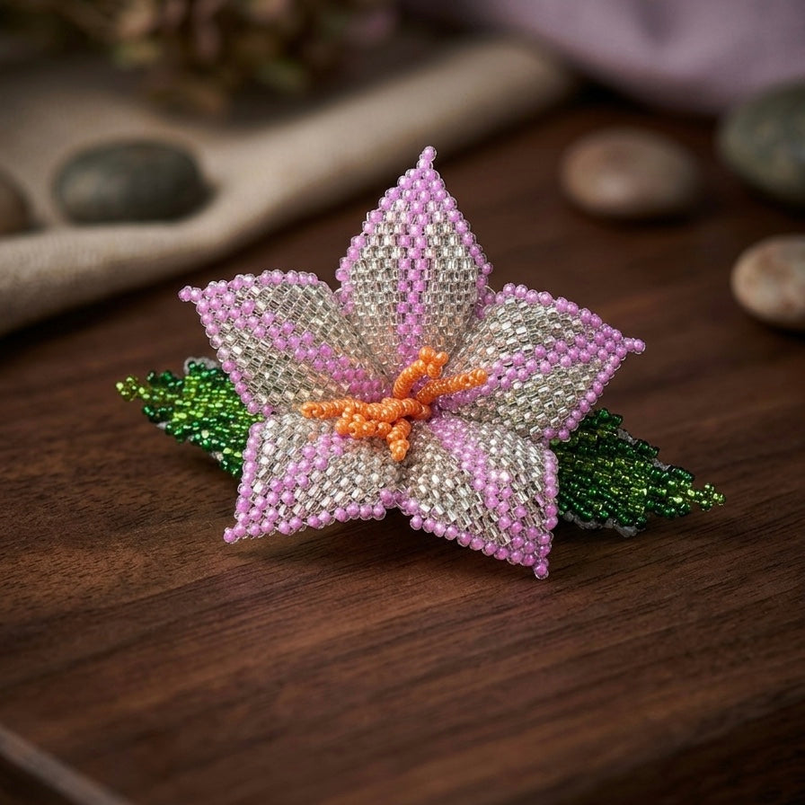 Pink Ember Bloom Beaded Hair Barrette