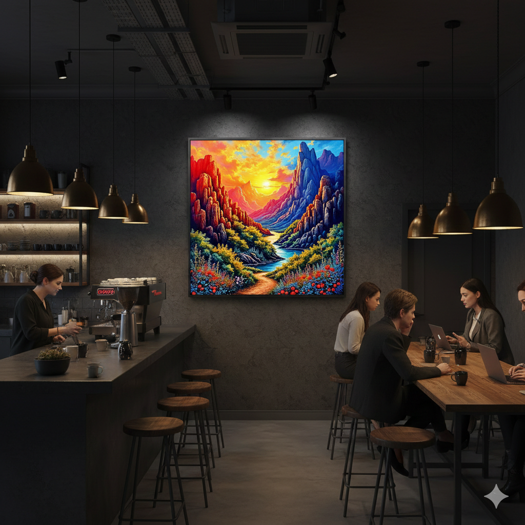 Vibrant Mountain Canyon Sunset Digital Art – High-Res River Landscape