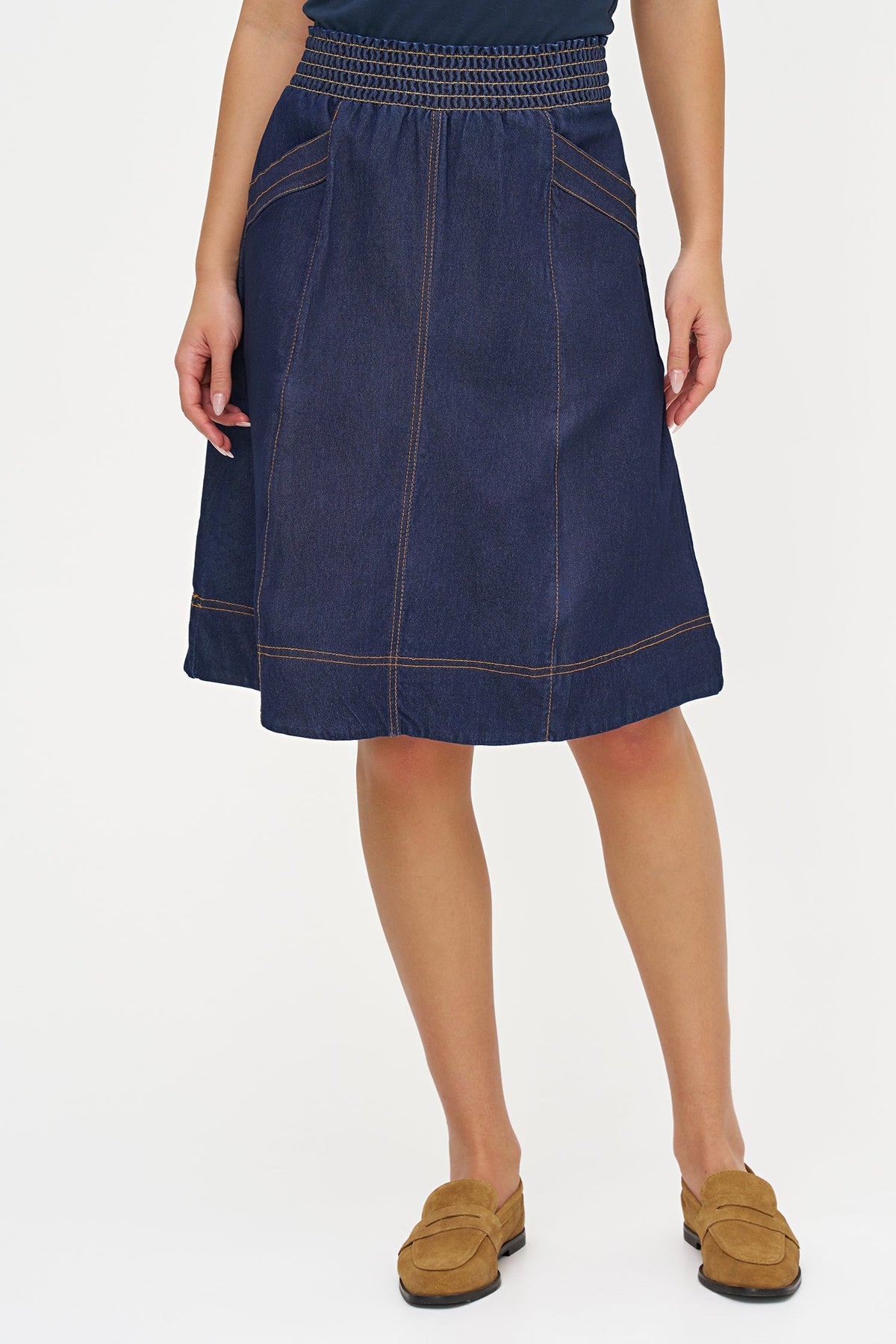 Women's Woven Pull-On Lt. Weight Denim A-Line Skirt, with Front Slash Pockets & a Smocked Waistband
