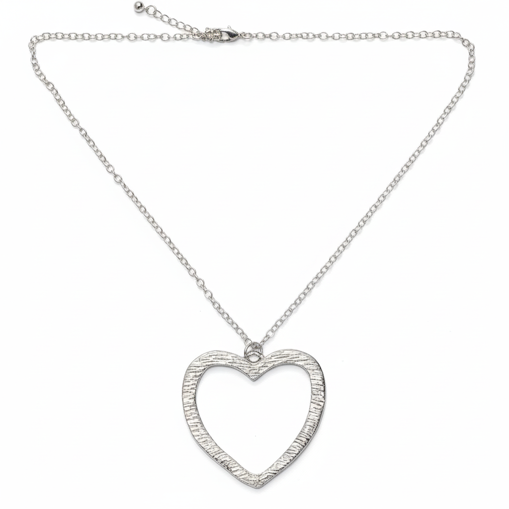Textured Heart Shaped Pendant On Simple Chain - Silver Plate