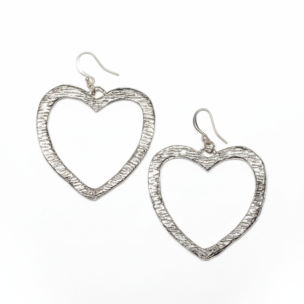 Textured Heart Earrings - Silver Plate