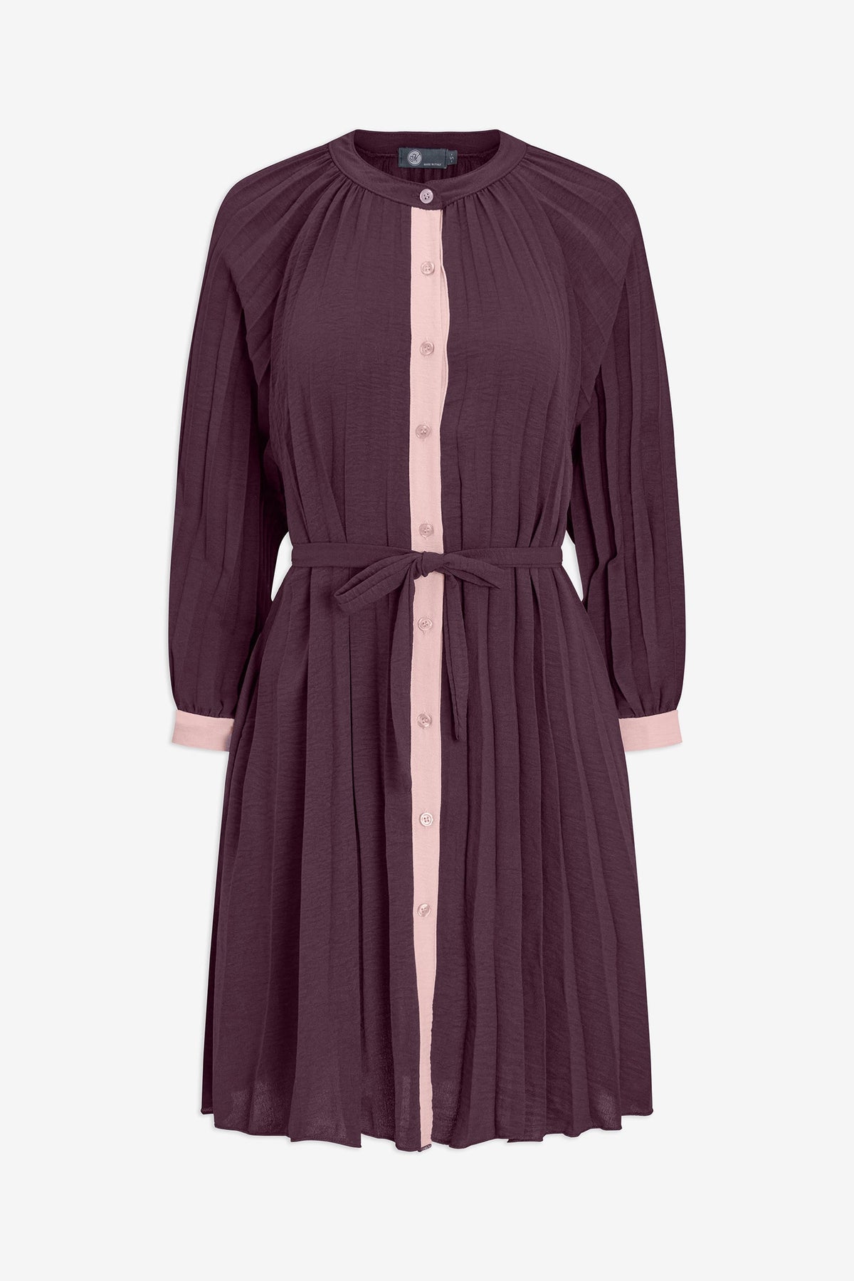 Women's Woven Color-Blocked Pleated Button-Down Dress, with Long Raglan Sleeves & a Removable Belt