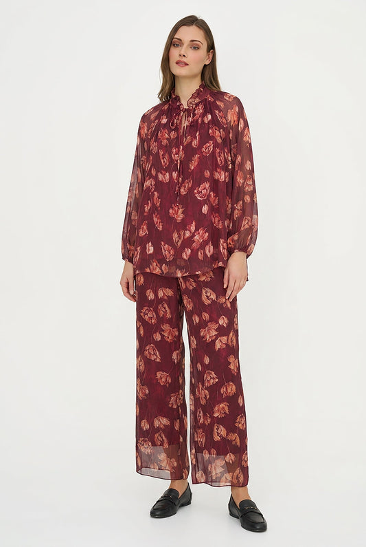 Women's Printed Tie V-Neck Tunic, Ruffled Stand Collar & Long Sleeves