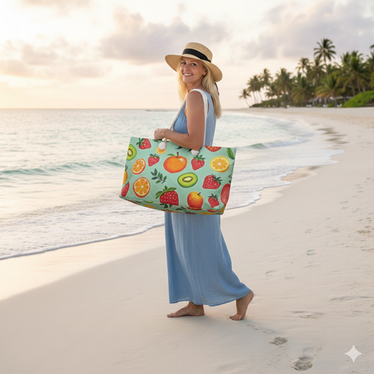Tropical Fruit Pattern Weekender Bag | Citrus Strawberry Kiwi Beach Tote | Large Tote Bag - AURABAGS SHOP