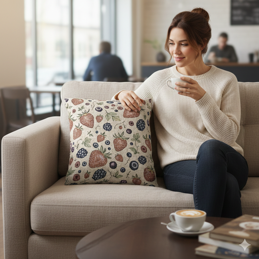 Strawberry Blueberry Pattern Woven Pillow | Fruit Botanical Throw Pillow