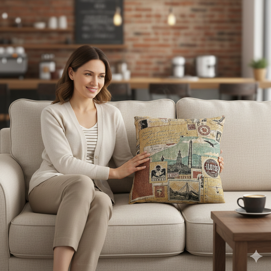 Vintage Travel Collage Woven Pillow | Cityscape Postcard Tapestry