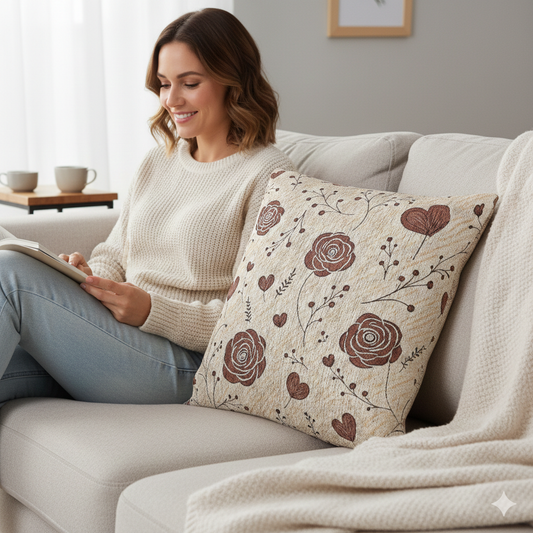 Vintage Rose Pattern Woven Pillow | Floral Hearts Boho Home Decor