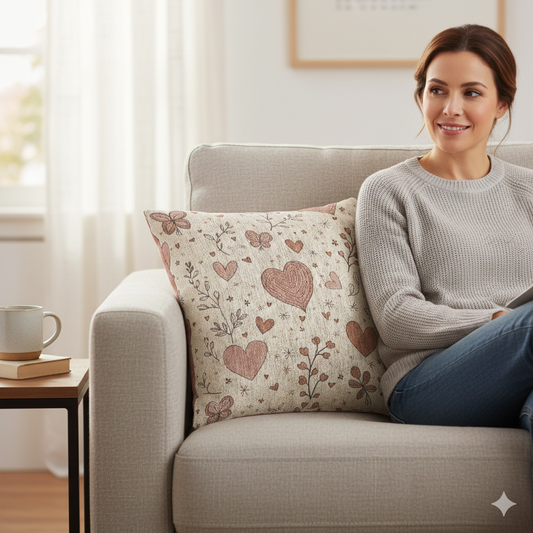 Scattered Hearts Woven Pillow | Boho Vintage Heart Pattern Cushion