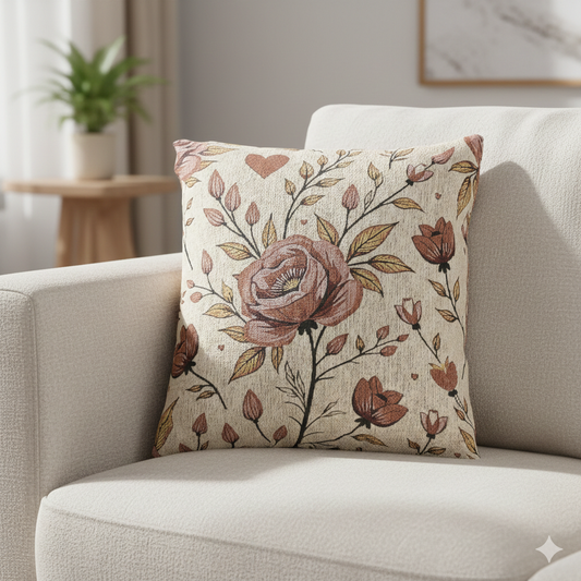 Vintage Pink Rose Woven Pillow | Floral Tapestry Cushion, Cottagecore Decor