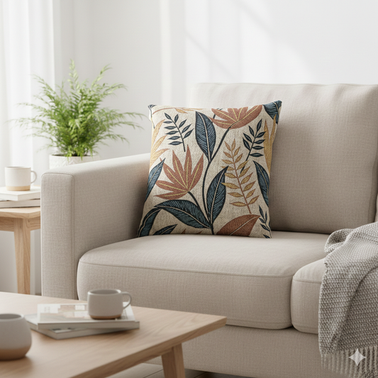 Tropical Leaf Pattern Woven Pillow | Botanical Throw Pillow, Neutral Blue Rust Design