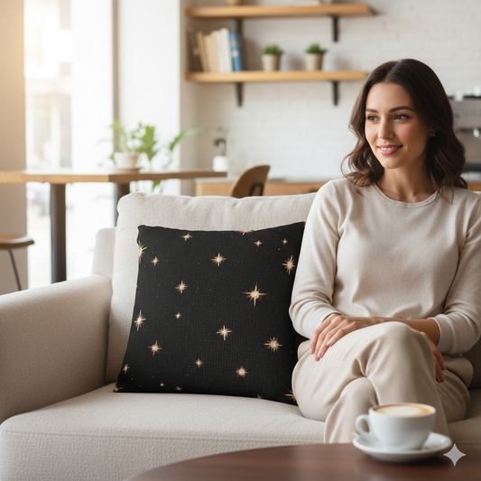 Starry Night Sparkle Woven Pillow | Black Cross-Stitch Stars