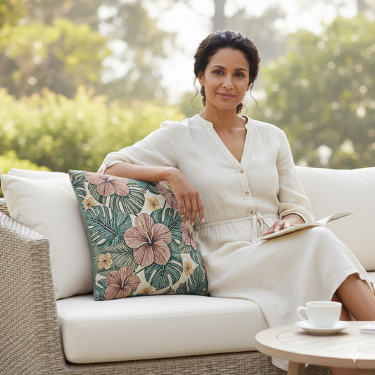 Hibiscus Tropical Floral Woven Pillow | Botanical Throw Cushion