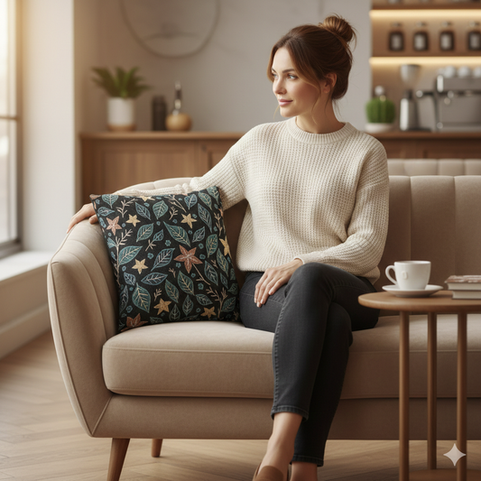 Floral Starleaf Pattern Woven Pillow | Botanical Night Leaves