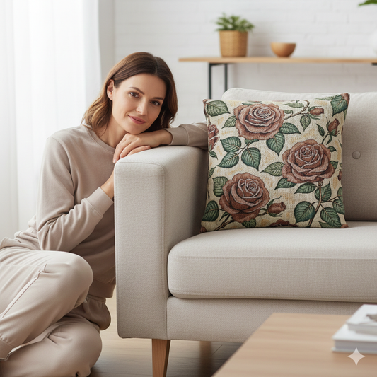 Vintage Rose Tapestry Woven Pillow | Floral Throw Pillow, Cottagecore Decor