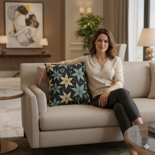 Star Floral Pattern Woven Pillow | Teal Gold Floral Throw Pillow