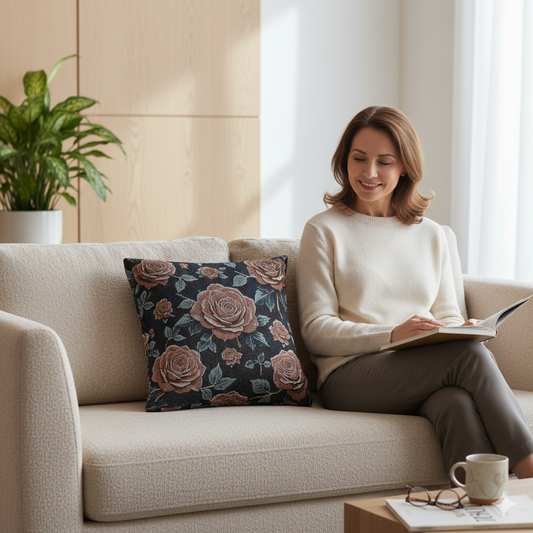 Vintage Rose Woven Pillow | Floral Needlepoint Style, Navy Background