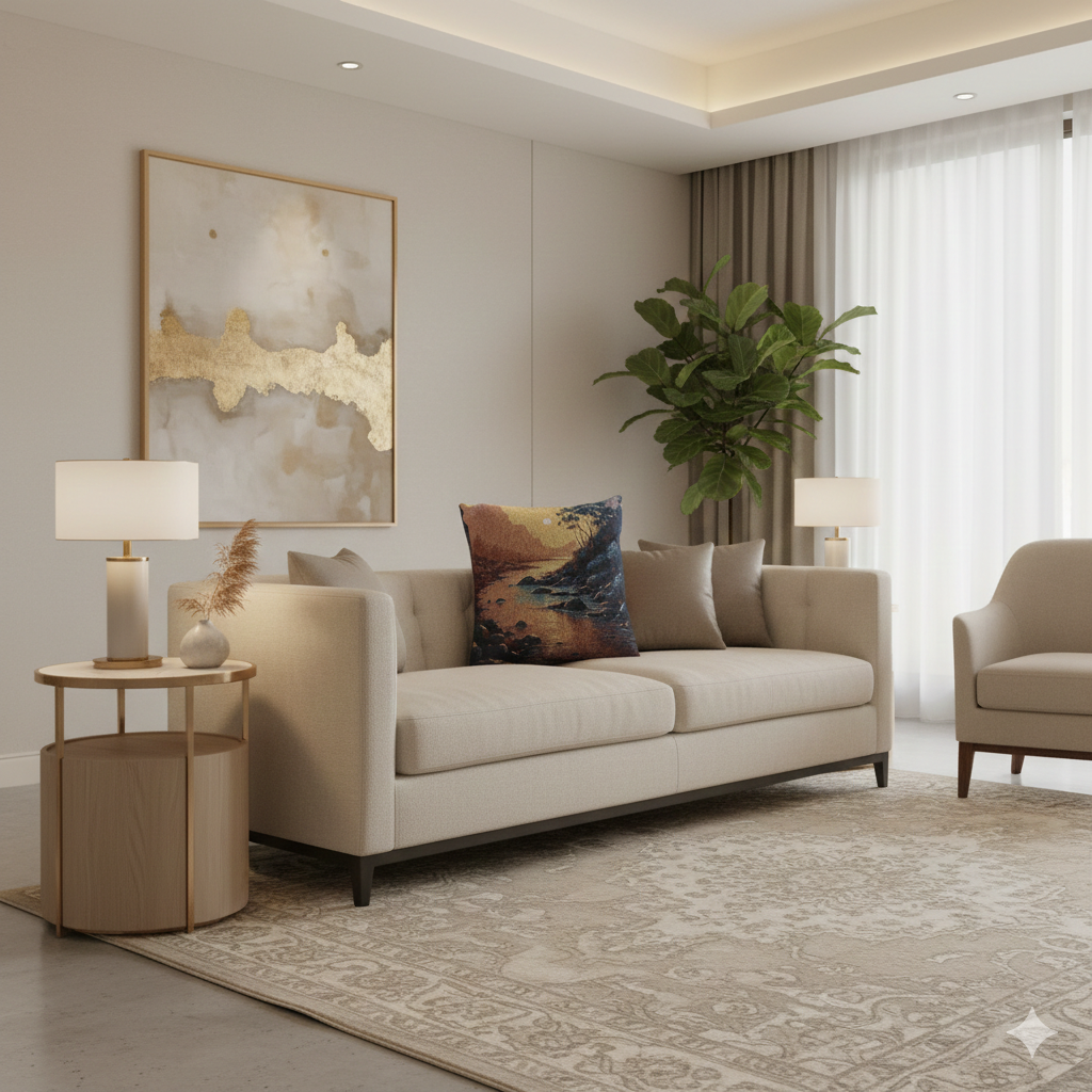 Sunset Cove woven pillow | coastal landscape tapestry throw pillow