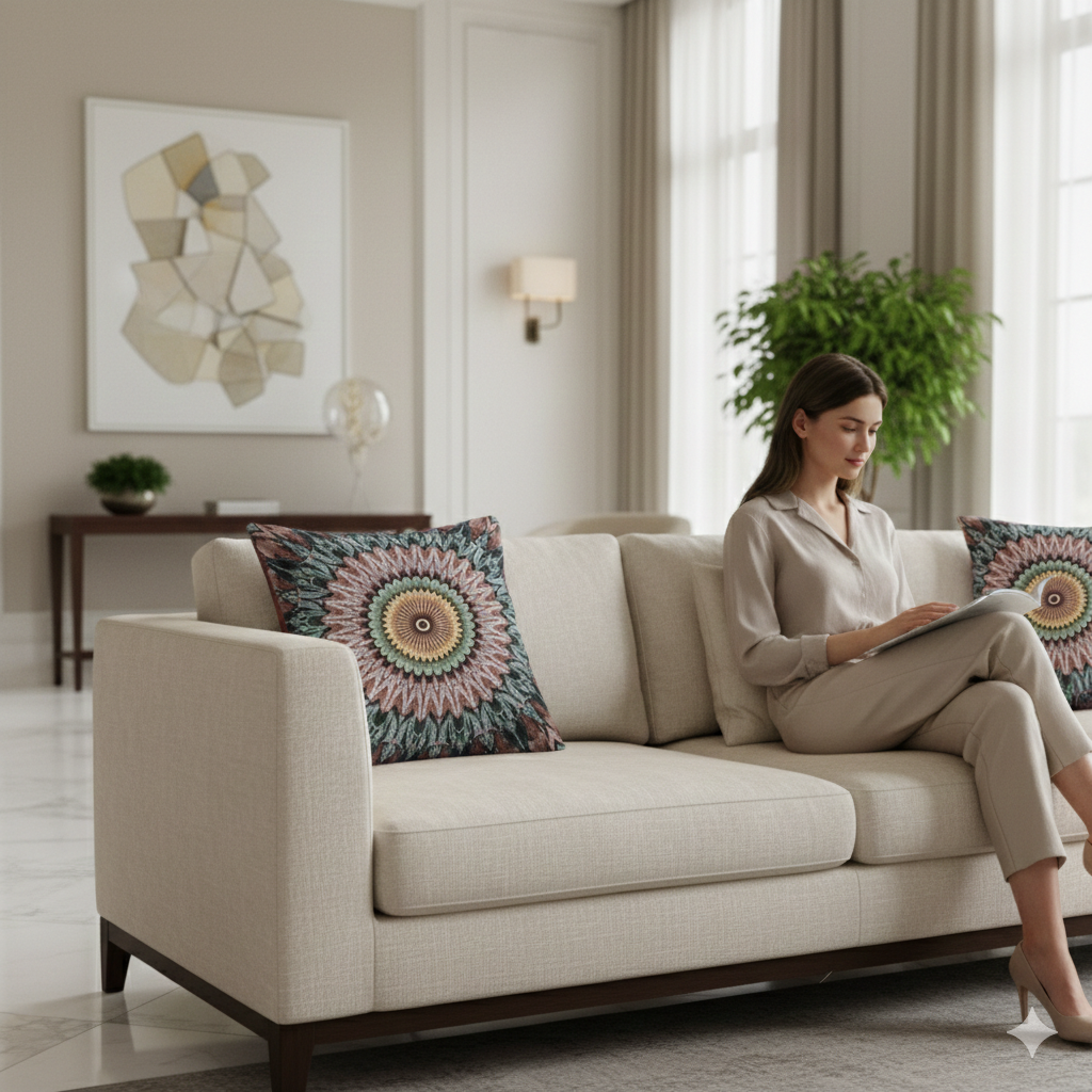 Mandala Sunburst Woven Pillow | Boho Geometric Decorative Cushion Cover