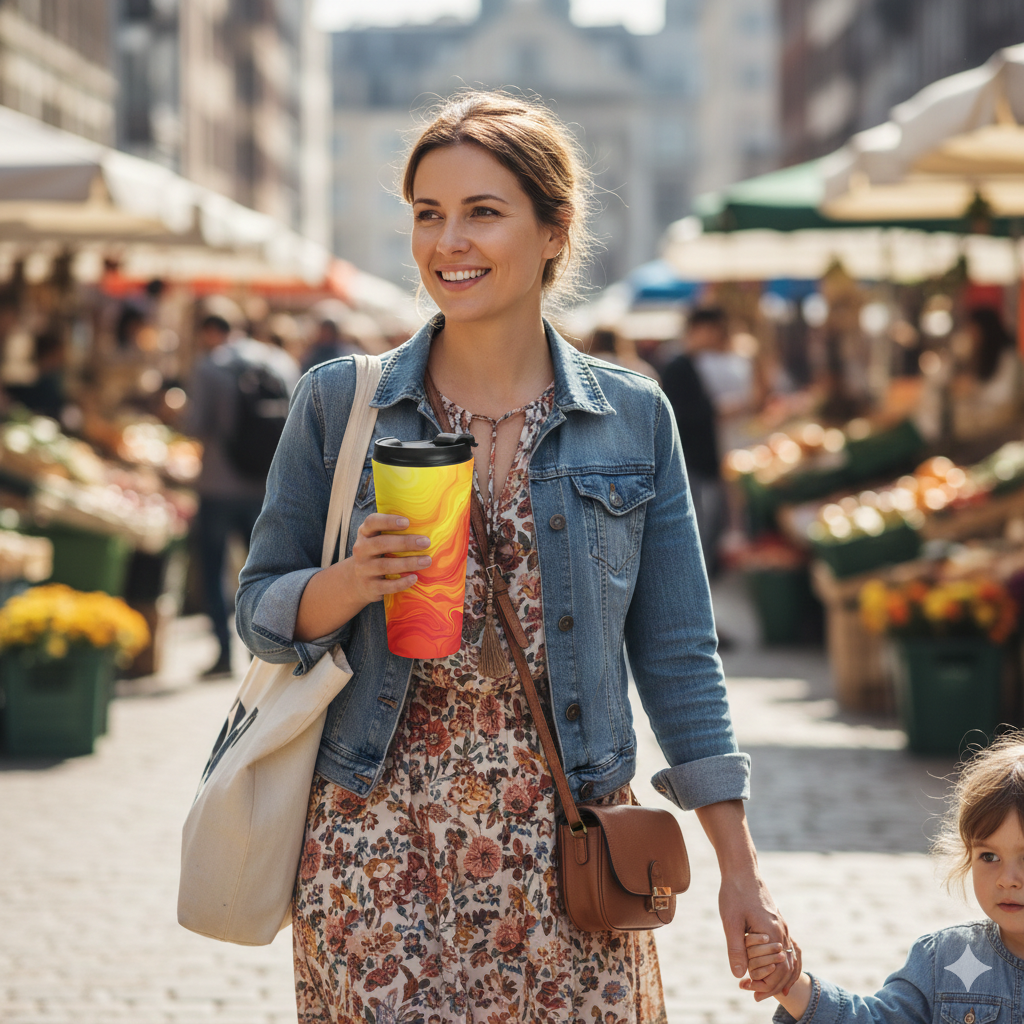 Sunset Swirl Stainless Steel Travel Mug — Insulated Orange & Yellow Marble Drink Tumbler