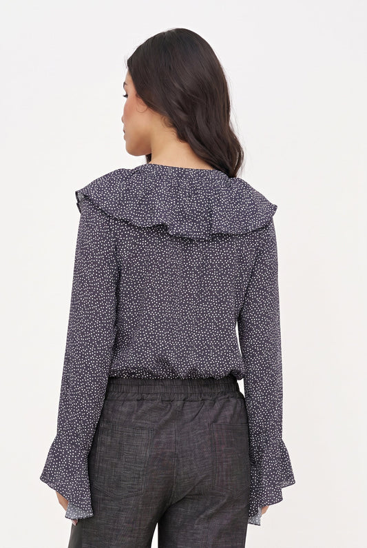 Women's Printed Button-Down Shirt with Ruffled Front, Collar & Cuffs
