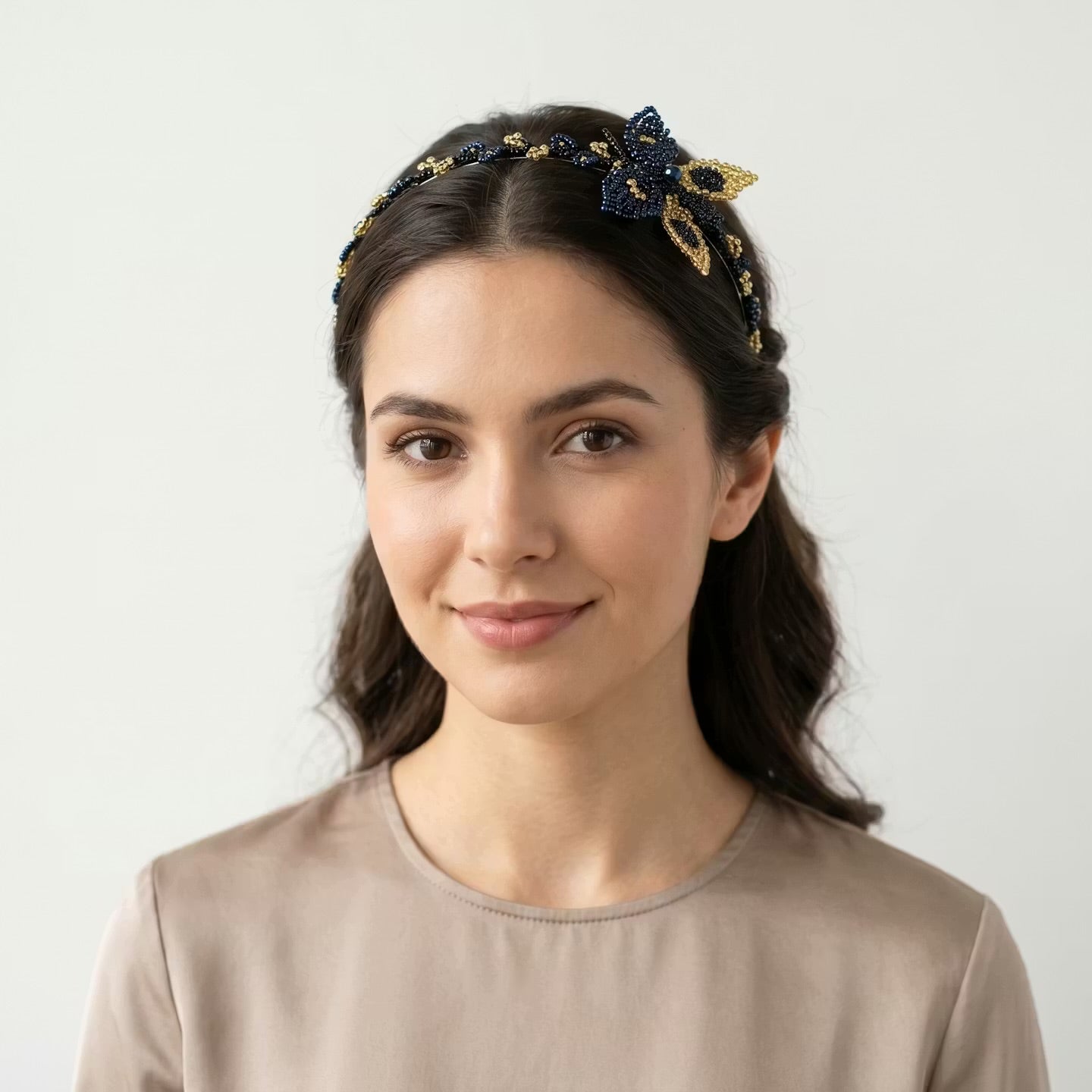 Beaded Headband with Butterfly Blue