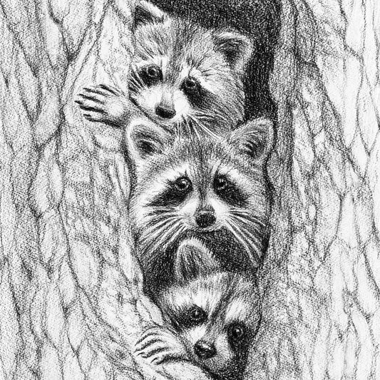 3 Raccoons in a tree - animal art print