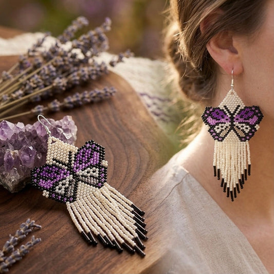 White Beaded Dancing Wing Earrings