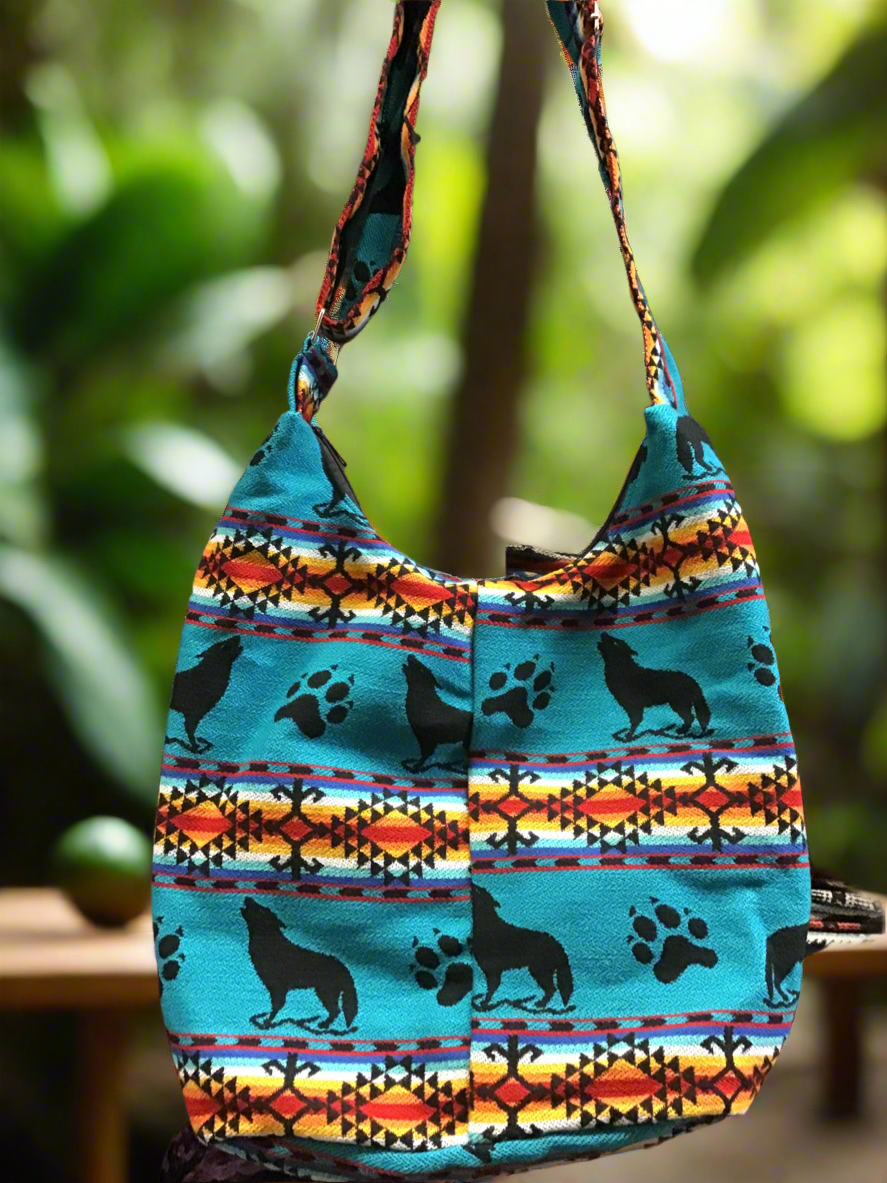 OLDTRIBES™ wolf Turquoise and Orange Black Crossbody Bag