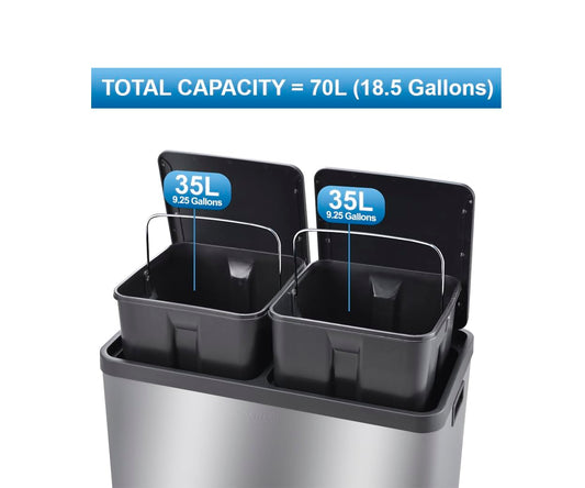 The Step N' Sort 18.5 Gallon Extra Large Capacity, Soft-Step, Dual Trash and Recycling Bin with Removable Inner Bins. Silver 🍁 All In One Marketplace Canada