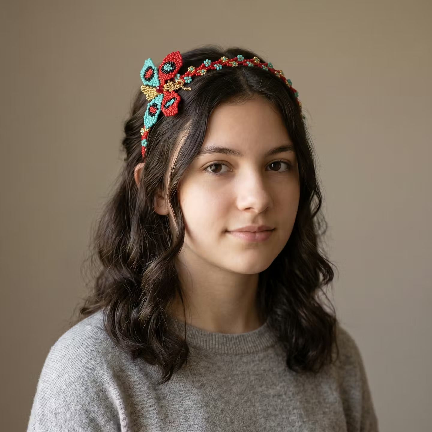 Beaded Headband with Butterfly Red
