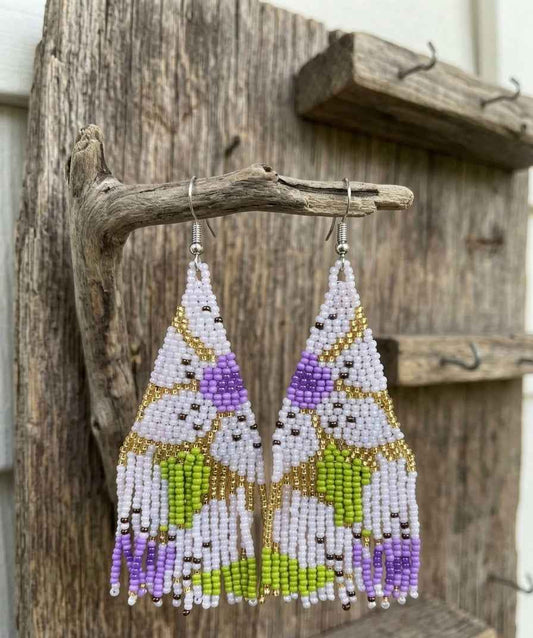 Flower Fringe Beaded Earrings (White)