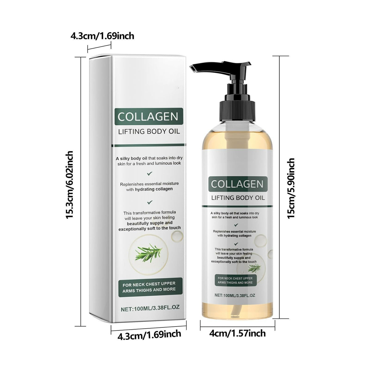 Collagen Lifting Body Oil with Vitamin E & Rosemary - Firming & Tightening Oil for Neck, Chest, Arms, Thighs - Hydrating Formula for Silky, Fresh, Luminous, and Supple Skin - 100ml (2PC) 🍁 All In One Marketplace Canada