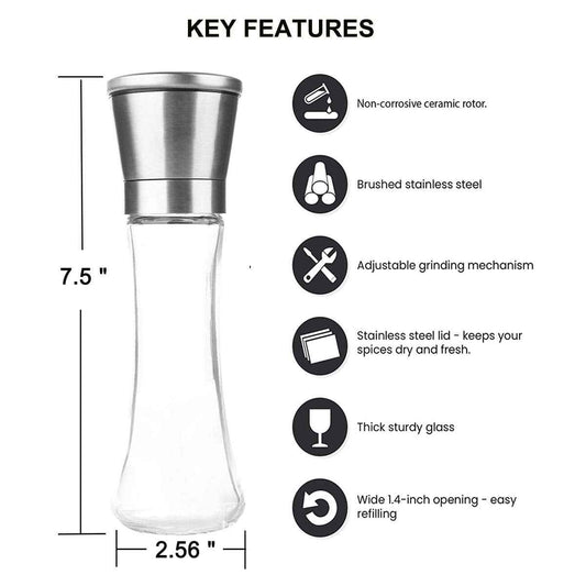 Pepper Grinder or Salt Grinder, Best Spice Mill with Ceramic Blades, Adjustable Coarseness, Brushed Stainless Steel Cap, and Refillable Tall Glass Body with 6OZ Capacity (7.5") 🍁 All In One Marketplace Canada