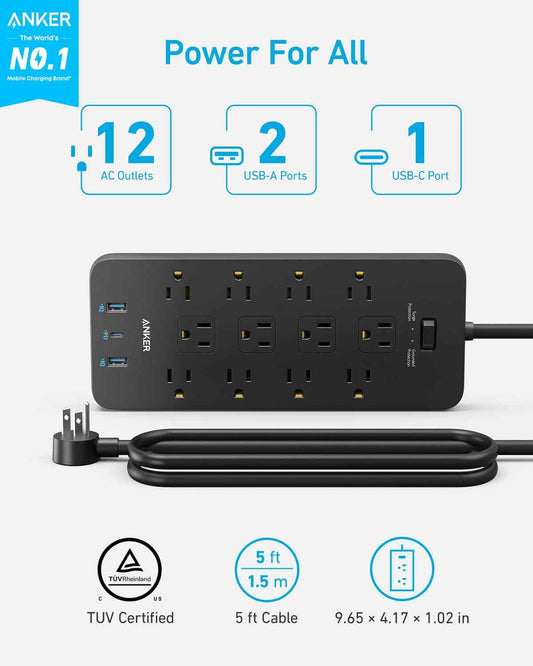 Anker Power Strip Surge Protector (2100J), 12 Outlets with 2 USB A and 1 USB C Port for Multiple Devices, 5ft Extension Cord, 20W Power Delivery Charging for Home, Office, Dorm Essential, TUV Listed 🍁 All In One Marketplace Canada