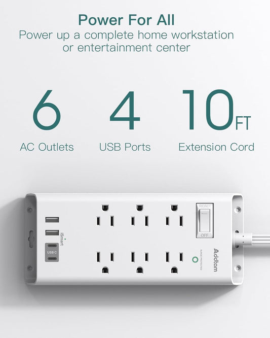 Power Strip Surge Protector - Addtam 10Ft Long Extension Cord with 6 Outlets and 4 USB Ports(2USB C), Flat Plug Overload Surge Protection Outlet Strip, Wall Mount for Home, Office and More 🍁 All In One Marketplace Canada