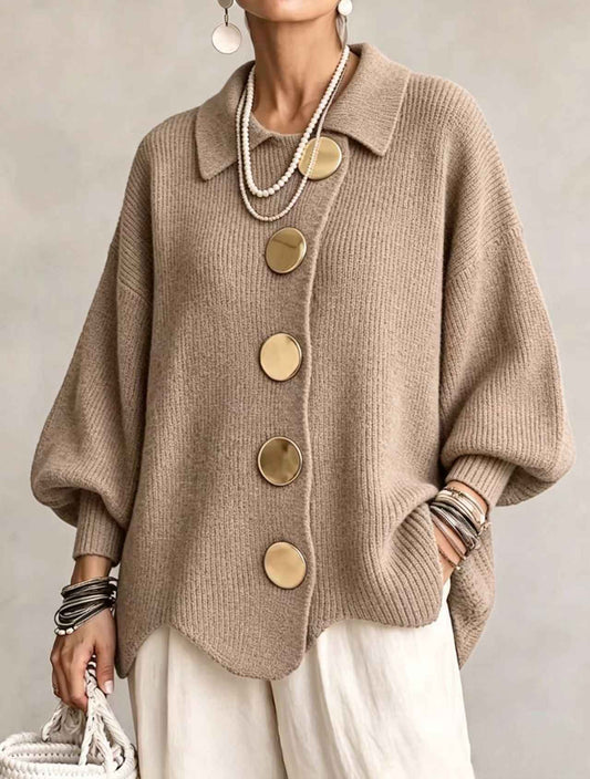 Women’s Button-Down Knit Cardigan – Lapel Collar Long-Sleeve Loose-Fit Fall & Winter Sweater