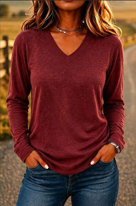 Women’s V-Neck Loose-Fit Long Sleeve T-Shirt – Solid Color Casual Pullover Top