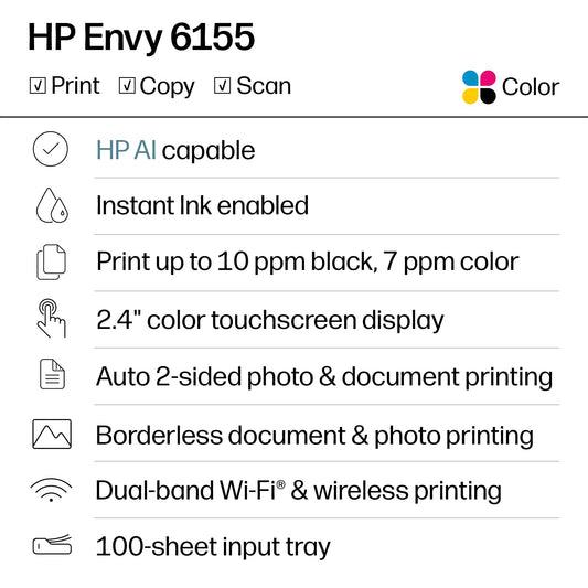 HP Envy 6155 Wireless All in One Color Inkjet Printer; Print, Scan, Copy, Duplex Printing Best-for-Home, 3 Month Trial of Instant Ink Included, AI-Capable (C2WR7A) Portobello 🍁 All In One Marketplace Canada