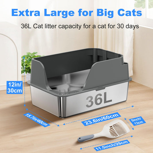 Stainless Steel Cat Litter Box with Lid, XL Litter Box for Big Cats, High Sided Metal Pan, Anti Leakage,Odor-Free & Easy Cleaning,Included Scoop &Trash Bag*2 & Mat & Sticker (Grey) 🍁 All In One Marketplace Canada