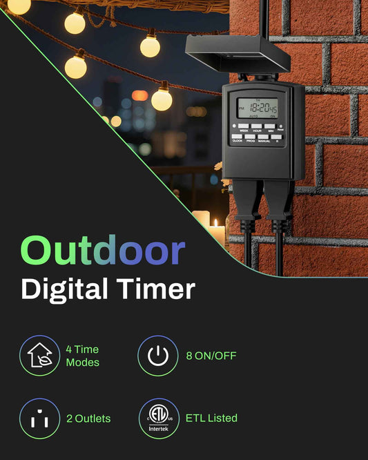 BN-LINK Outdoor Heavy Duty Timer Outlet, 2 Grounded Outlets for Christmas Lights, 15A 1/2HP, ETL Listed,Digital Timer 1 Pack 🍁 All In One Marketplace Canada