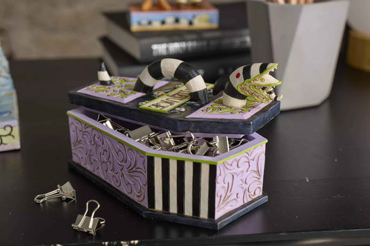 Enesco Beetlejuice by Jim Shore Coffin The Ghost with The Most Trinket Box- Resin Hand Painted Crafted Collectible Beetlejuice Sand Worm Striped Jewelry Box Halloween Home Decor Statue, 3.15 Inch