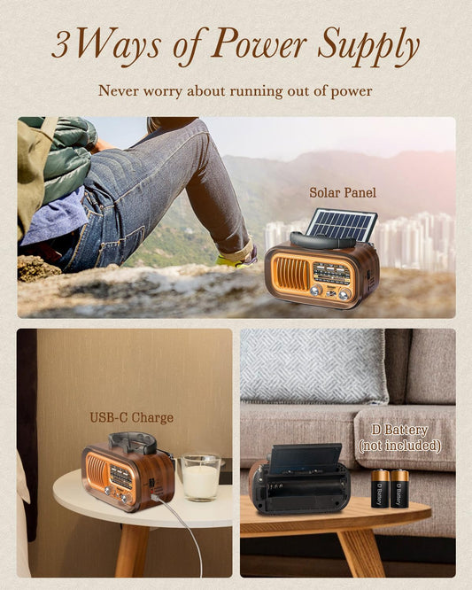 PRUNUS J-150 Small Retro Vintage Radio Bluetooth, Portable Radio AM FM Transistor with Best Sound, Solar/Battery Operated Radios/Rechargeable Radios, TWS, Support TF Card/USB Playing 🍁 All In One Marketplace Canada