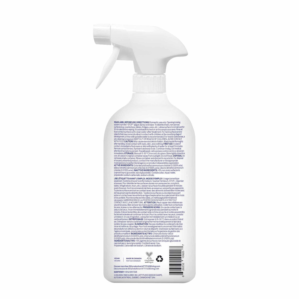 ATTITUDE Disinfectant Spray, All Purpose Cleaner with 99.99% Germ & Virus Elimination, Vegan & Plant-Based, Multi-Surface, Made in Canada, Unscented, 800 mL (Pack of 3) ๐ All In One Marketplace Canada