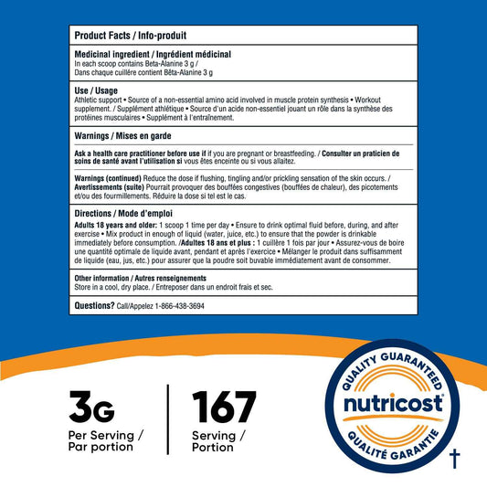 Nutricost Beta Alanine Powder (500 Grams) Unflavored - Pre-Workout Supplement, Non-GMO, Gluten-Free 🍁 All In One Marketplace Canada