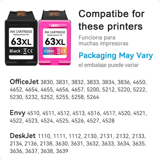 High Yield 63 Black/Tri-Color Ink,Compatible for HP 63 63XL Ink Cartridge Combo Pack, Work for Envy 4520 4522 3634 OfficeJet 3830 4650 5252 5258 DeskJet 3636 1111 3630 1112 3637 Printer 🍁 All In One Marketplace Canada