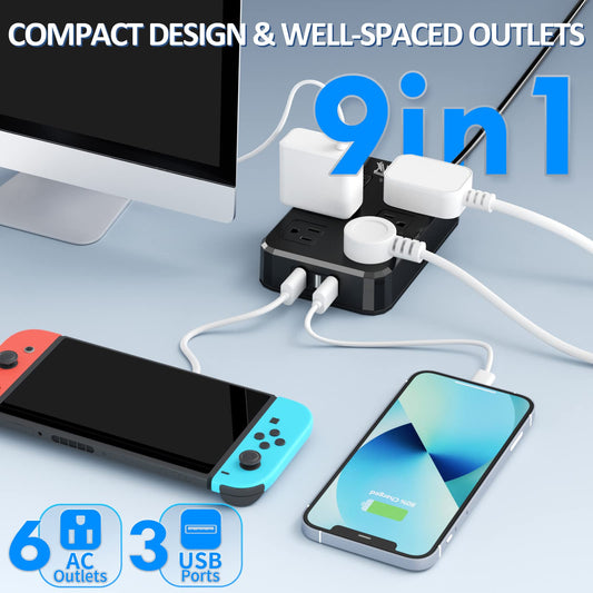 Outdoor Power Strip Weatherproof, Waterproof Surge Protector with 6 Wide Outlet with 3 USB Ports, 6FT Long Extension Cord,1875W Overload Protection,Outlet Extender for Christmas Lights ETL Black 🍁 All In One Marketplace Canada