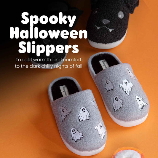 Dearfoams Unisex-Adult Spooky Fuzzy Halloween Pumpkin Jack O Lantern Slipper, Grey Ghost, 5-6 Women/3-4 Men