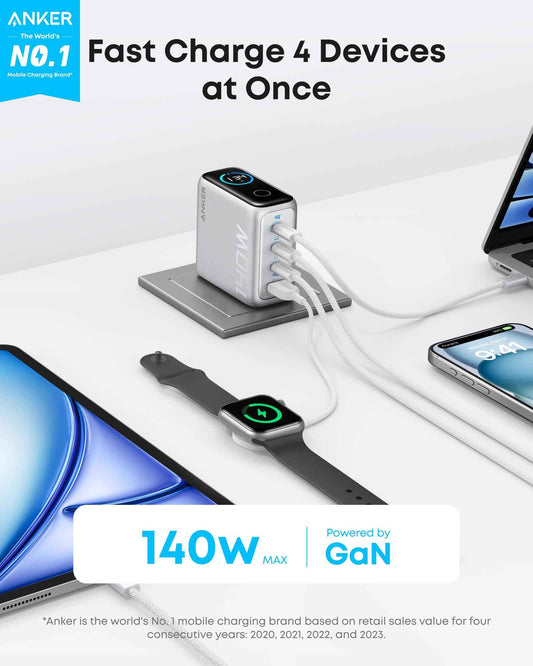 Anker Laptop Charger, 140W MAX USB C Charger, 4-Port Multi-Device Fast Charging, Advanced GaN Power Adapter, Intuitive Touch Controls, for MacBook, iPhone 17/16 Series, Samsung Galaxy, Pixel, and More 🍁 All In One Marketplace Canada