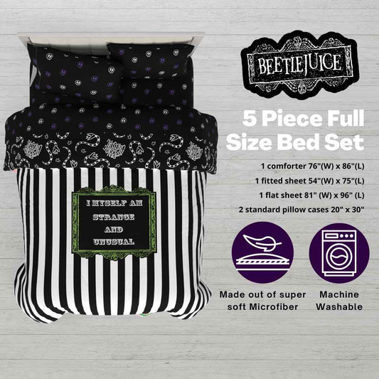 Franco Collectibles Beetlejuice Halloween Striped Bedding 5 Piece Super Soft Reversible Comforter and Sheet Set, Full, (Officially Licensed Product)